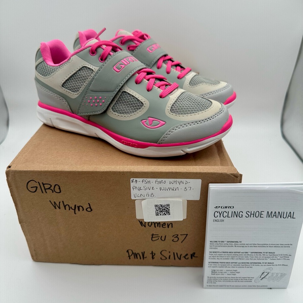 NEW Giro Whynd women’s silver and pink cycling bike spin clip shoes US 6  EU 37